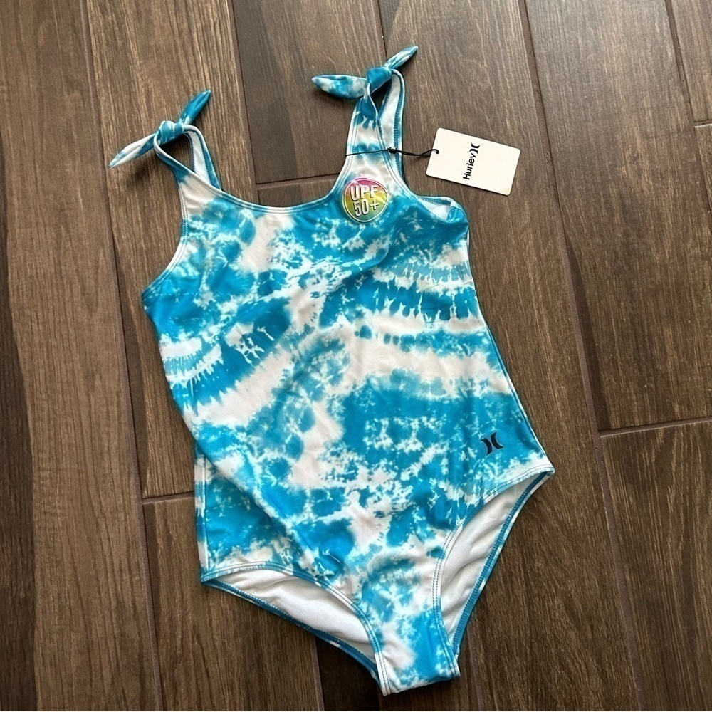 NWT Hurley Girls' Shoulder Tie One Piece Swimsuit in Blue Lagoon Sz L